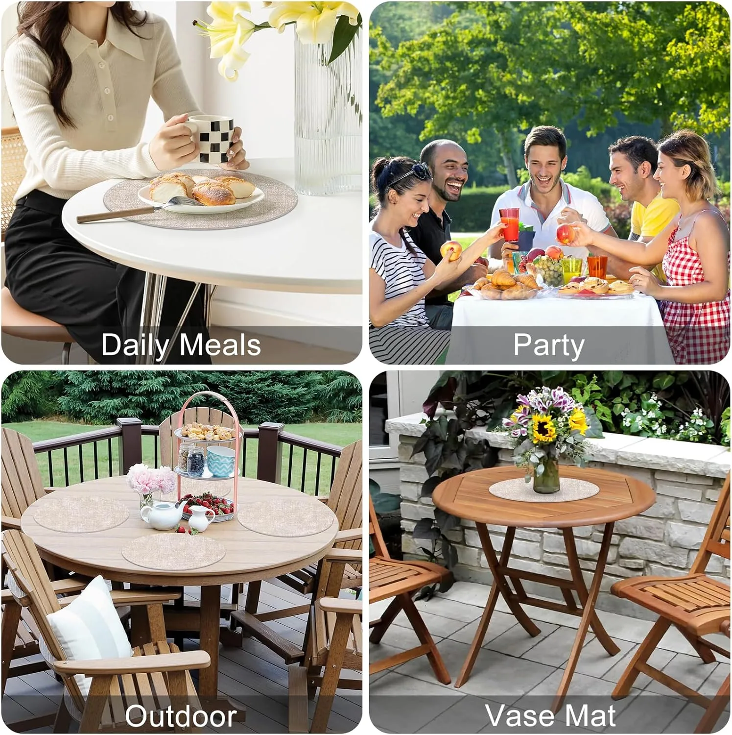 Homaxy Round Faux Leather Placemats and Coasters, Washable Dual-Side Table Mats, Wipeable Heat-Resistant Dining Place Mats for Outdoor and Indoor, Set of 4, Diameter 13 and 3.93 inch, Beige