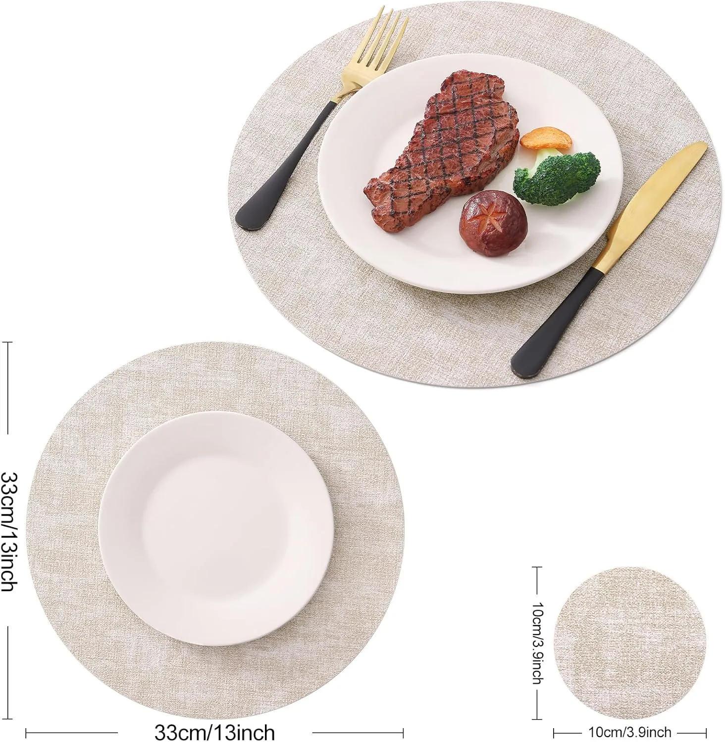 Homaxy Round Faux Leather Placemats and Coasters, Washable Dual-Side Table Mats, Wipeable Heat-Resistant Dining Place Mats for Outdoor and Indoor, Set of 4, Diameter 13 and 3.93 inch, Beige