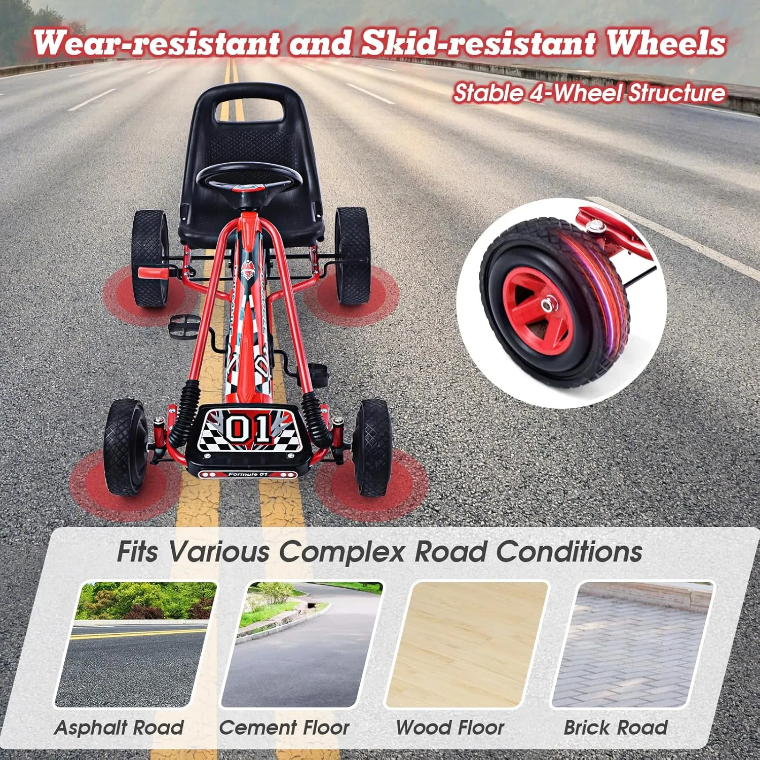 HOMGX Pedal Go Kart, Outdoor Kids Go Kart with Adjustable Bucket Seat, Rubber Wheels & Safety Brake, Pedal Powered Ride On Kart for Boys & Girls 3-5 (Reddish Black)