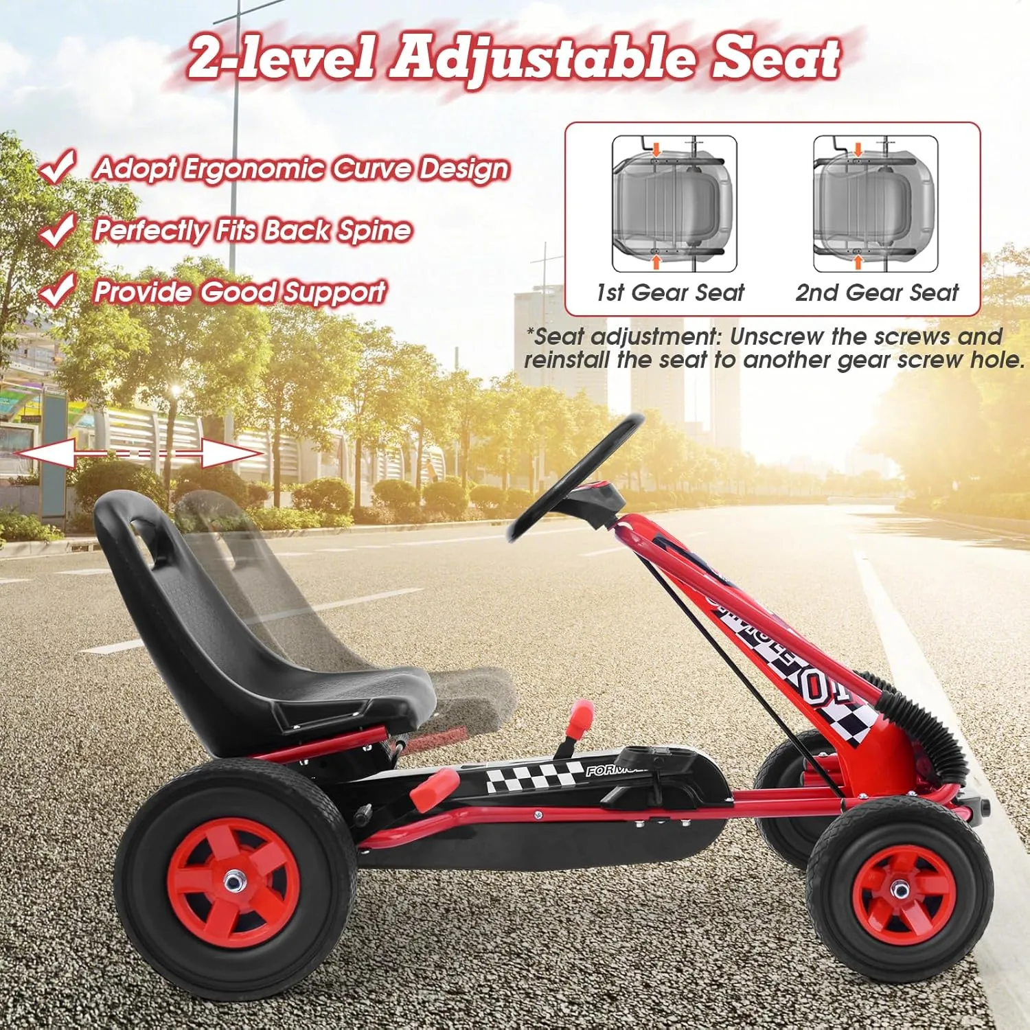 HOMGX Pedal Go Kart, Outdoor Kids Go Kart with Adjustable Bucket Seat, Rubber Wheels & Safety Brake, Pedal Powered Ride On Kart for Boys & Girls 3-5 (Reddish Black)