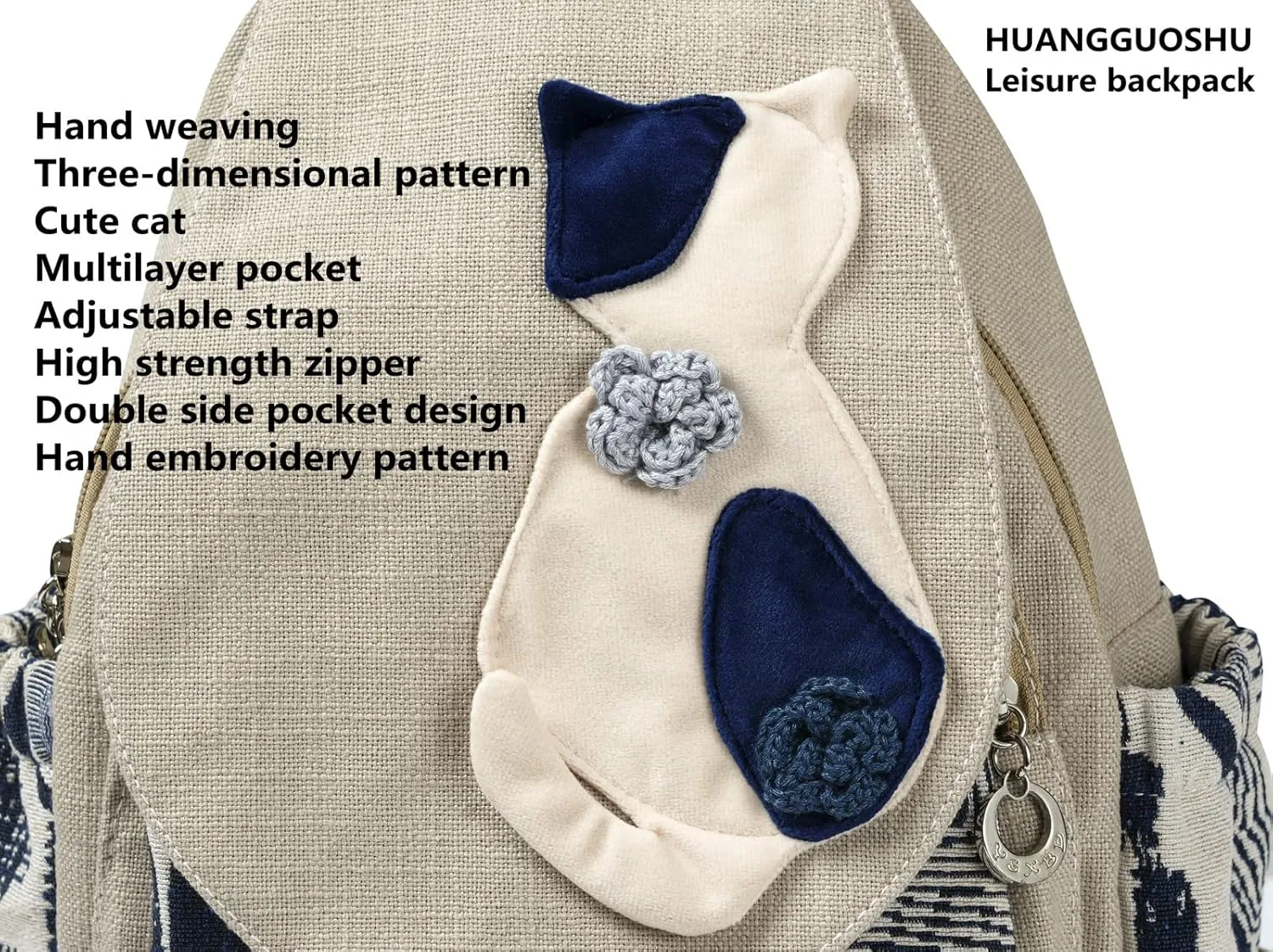 HUANGGUOSHU Boho and Hippie Small Canvas Backpack Purse for Women - Convertible Sling Bag, Embroidered and Woven Tapestry Patterns 1 Cat