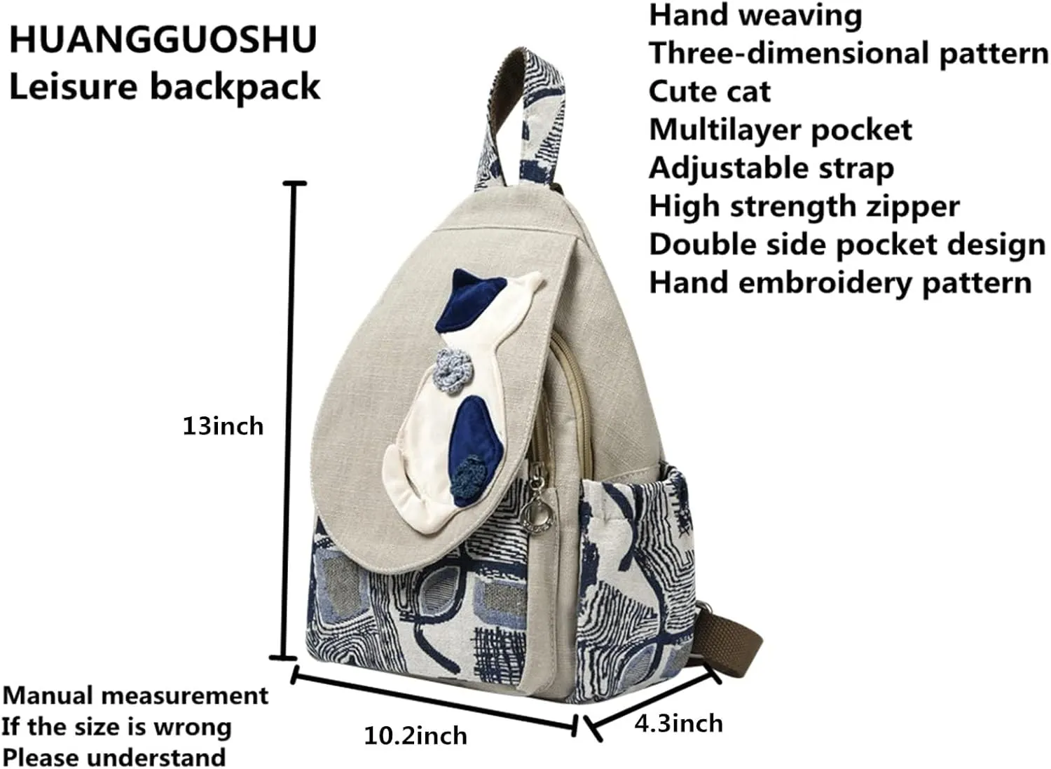 HUANGGUOSHU Boho and Hippie Small Canvas Backpack Purse for Women - Convertible Sling Bag, Embroidered and Woven Tapestry Patterns 1 Cat