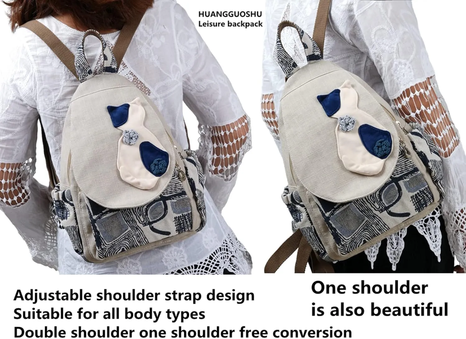 HUANGGUOSHU Boho and Hippie Small Canvas Backpack Purse for Women - Convertible Sling Bag, Embroidered and Woven Tapestry Patterns 1 Cat