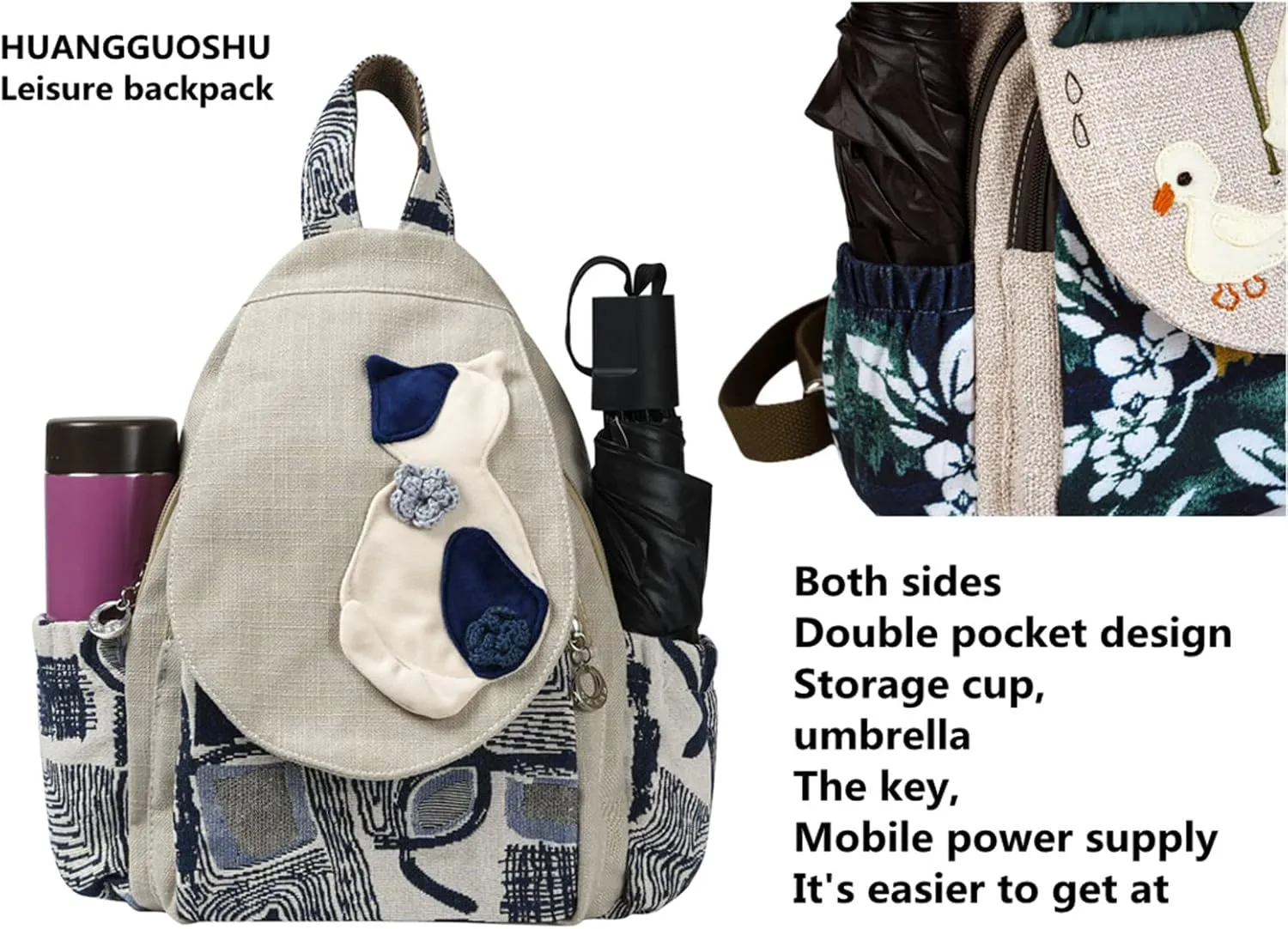 HUANGGUOSHU Boho and Hippie Small Canvas Backpack Purse for Women - Convertible Sling Bag, Embroidered and Woven Tapestry Patterns 1 Cat