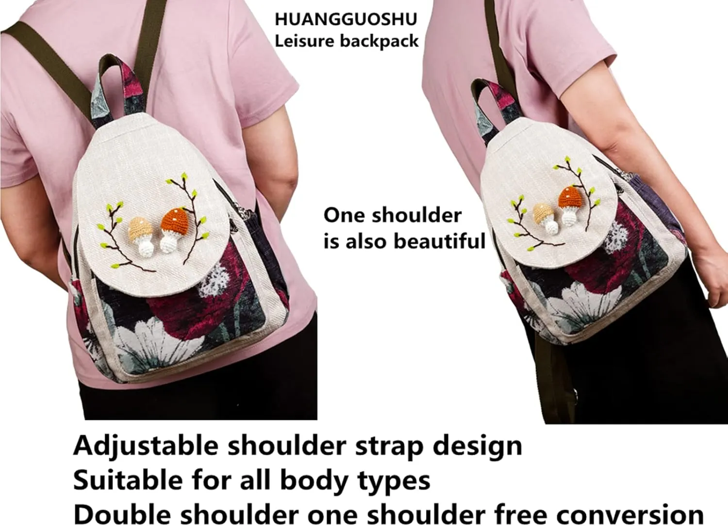 HUANGGUOSHU Boho and Hippie Small Canvas Backpack Purse for Women - Convertible Sling Bag, Embroidered and Woven Tapestry Patterns 2 Mushrooms