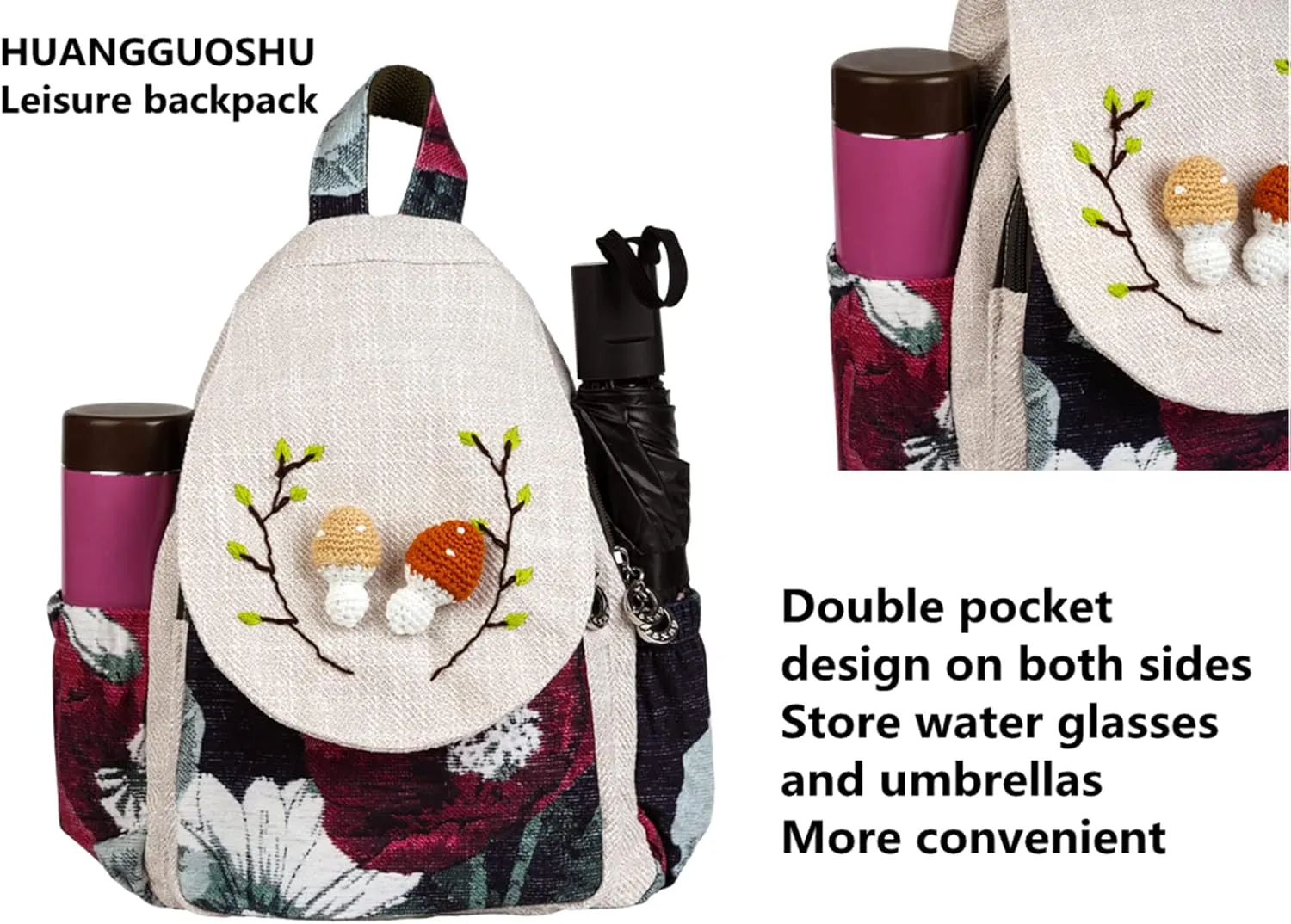 HUANGGUOSHU Boho and Hippie Small Canvas Backpack Purse for Women - Convertible Sling Bag, Embroidered and Woven Tapestry Patterns 2 Mushrooms