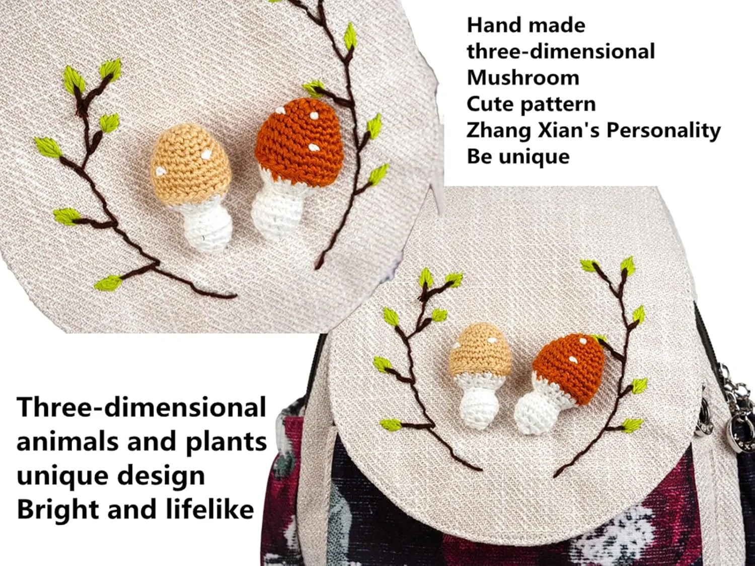 HUANGGUOSHU Boho and Hippie Small Canvas Backpack Purse for Women - Convertible Sling Bag, Embroidered and Woven Tapestry Patterns 2 Mushrooms
