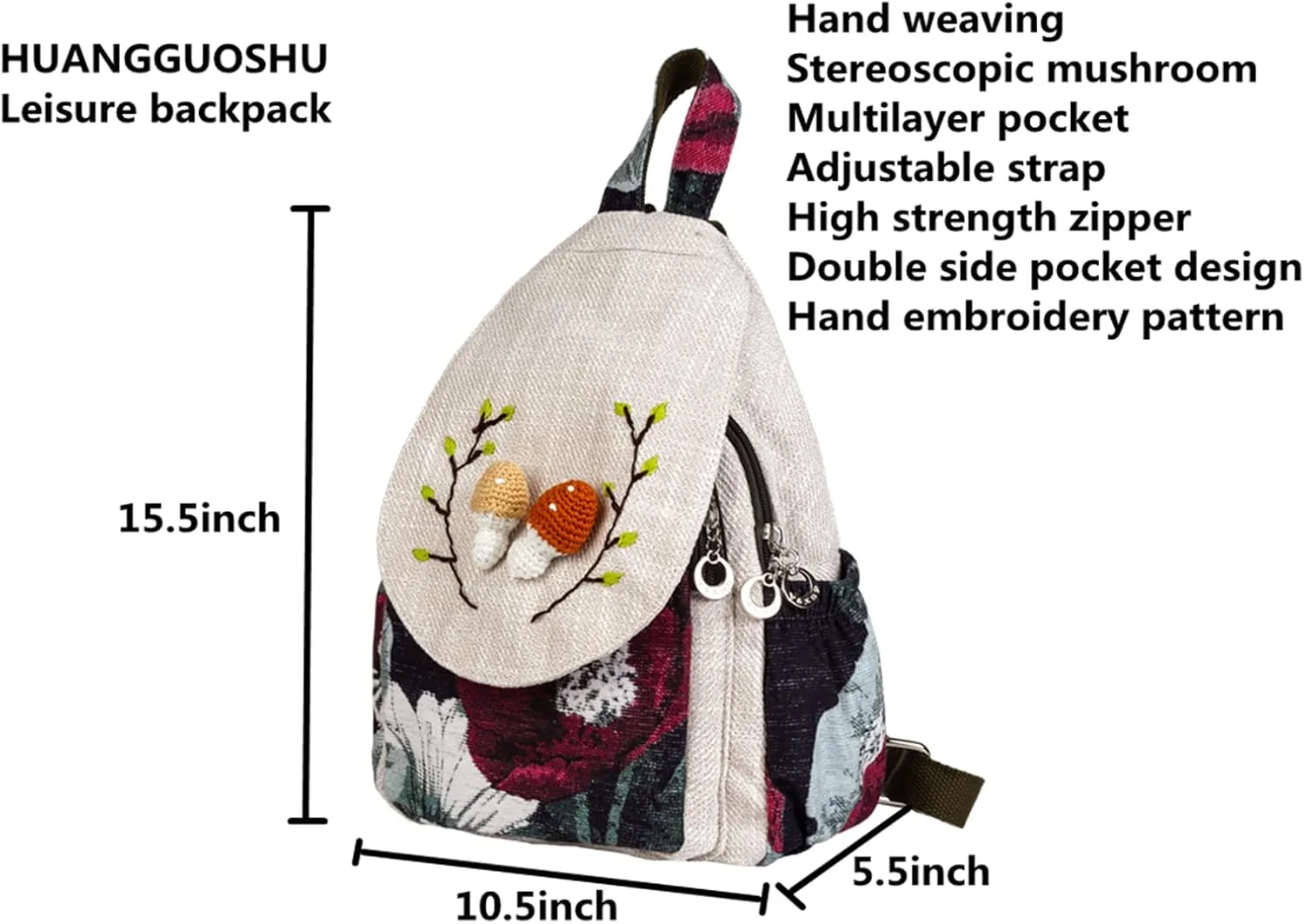 HUANGGUOSHU Boho and Hippie Small Canvas Backpack Purse for Women - Convertible Sling Bag, Embroidered and Woven Tapestry Patterns 2 Mushrooms
