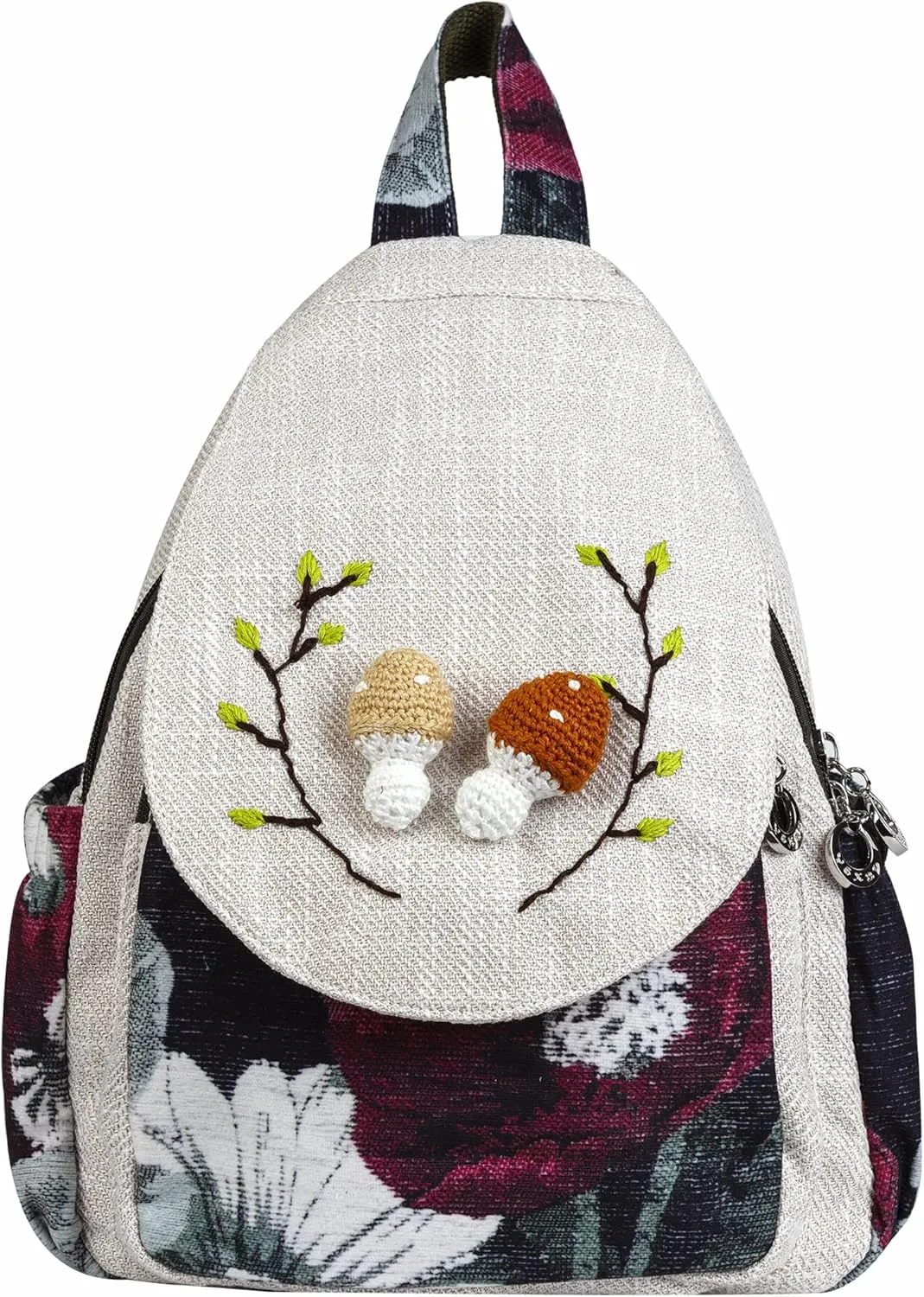 HUANGGUOSHU Boho and Hippie Small Canvas Backpack Purse for Women - Convertible Sling Bag, Embroidered and Woven Tapestry Patterns 2 Mushrooms