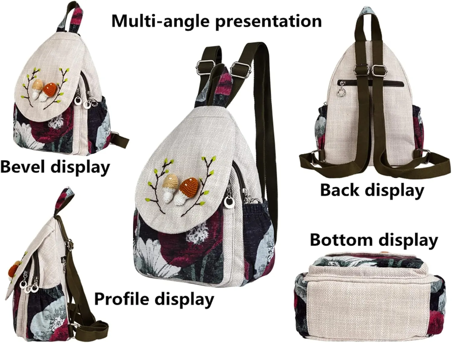 HUANGGUOSHU Boho and Hippie Small Canvas Backpack Purse for Women - Convertible Sling Bag, Embroidered and Woven Tapestry Patterns 2 Mushrooms