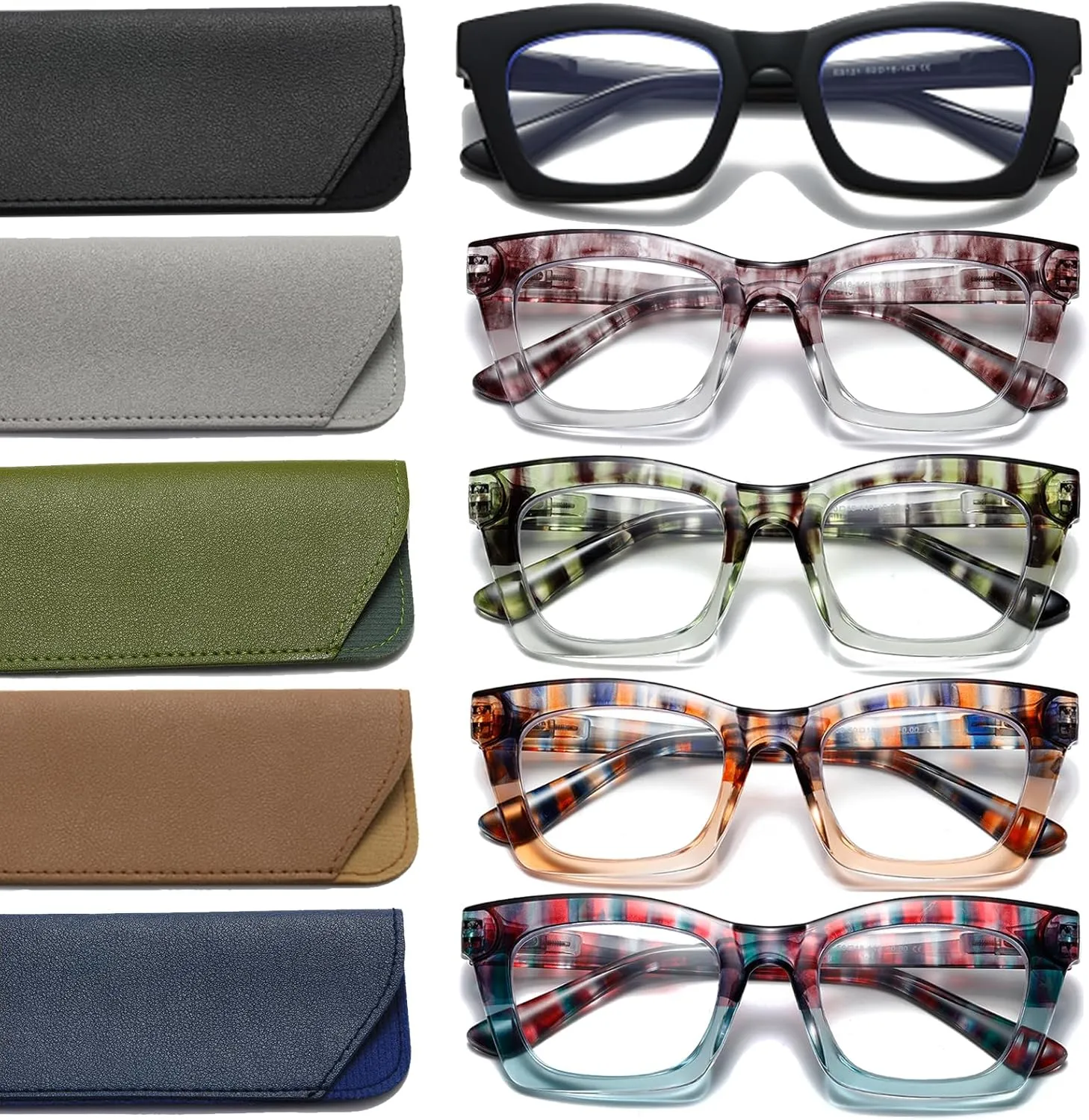 Hubeye 5 Pairs Oprah Style Square Reading Glasses for Women Men Blue Light Blocking Computer Readers with leather case  0.0
