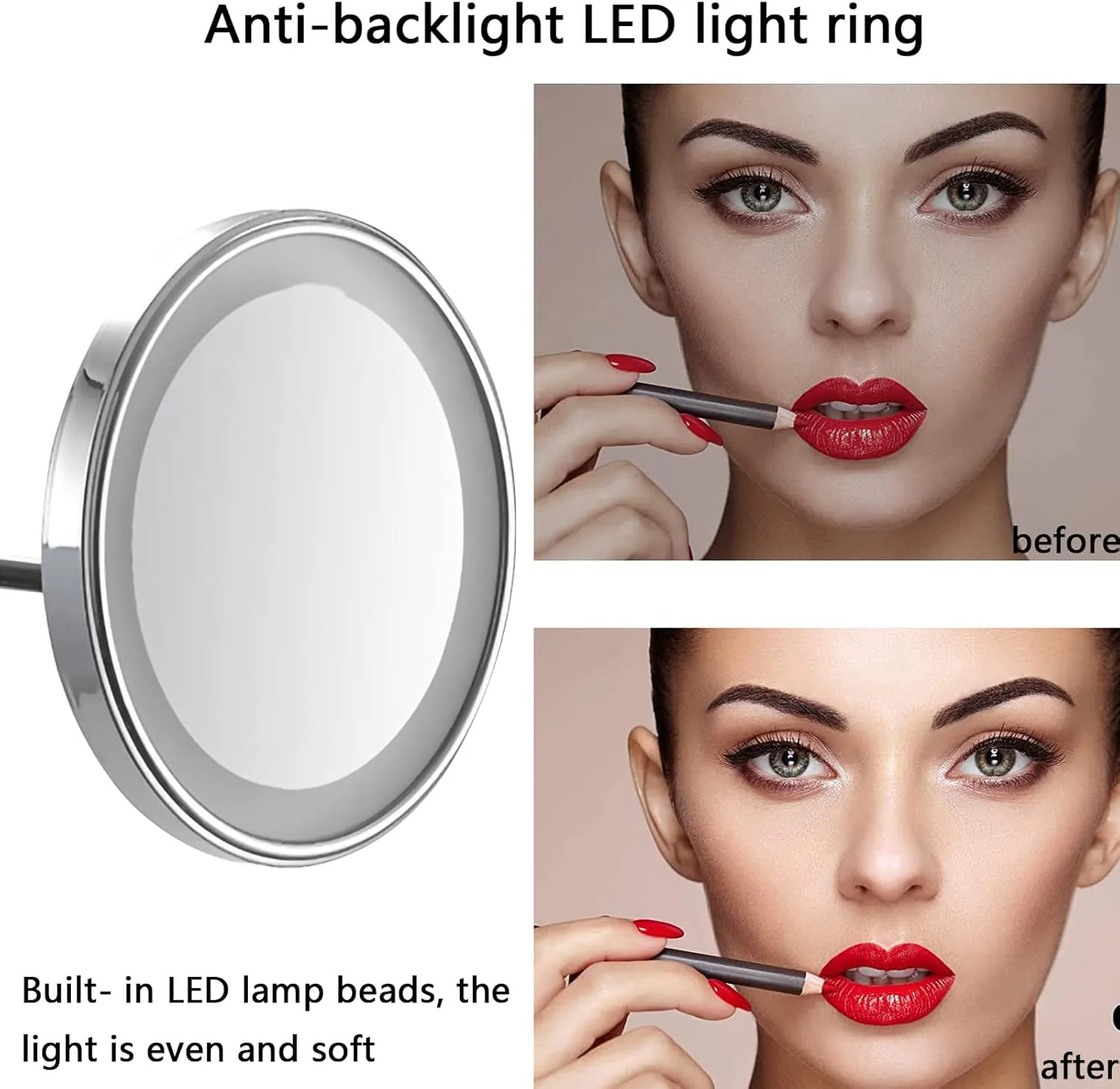 HUHJYUGE Wall Mounted LED Induction Makeup Mirror Magnification, 8 Inch Round Single Side Vanity Mirrors, Retractable Rotation Cosmetic Mirror for Bathroom, Shaving Mirror (Antique Copper Plug 3X)