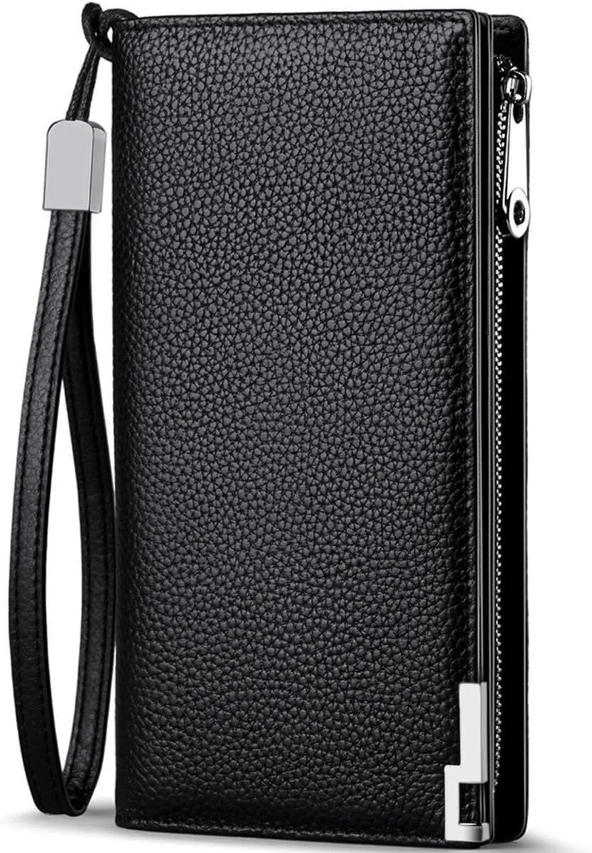Huztencor Long Wallets for Men Leather RFID Blocking Bifold Wallet with Zipper