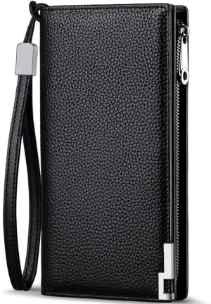 Huztencor Long Wallets for Men Leather RFID Blocking Bifold Wallet with Zipper