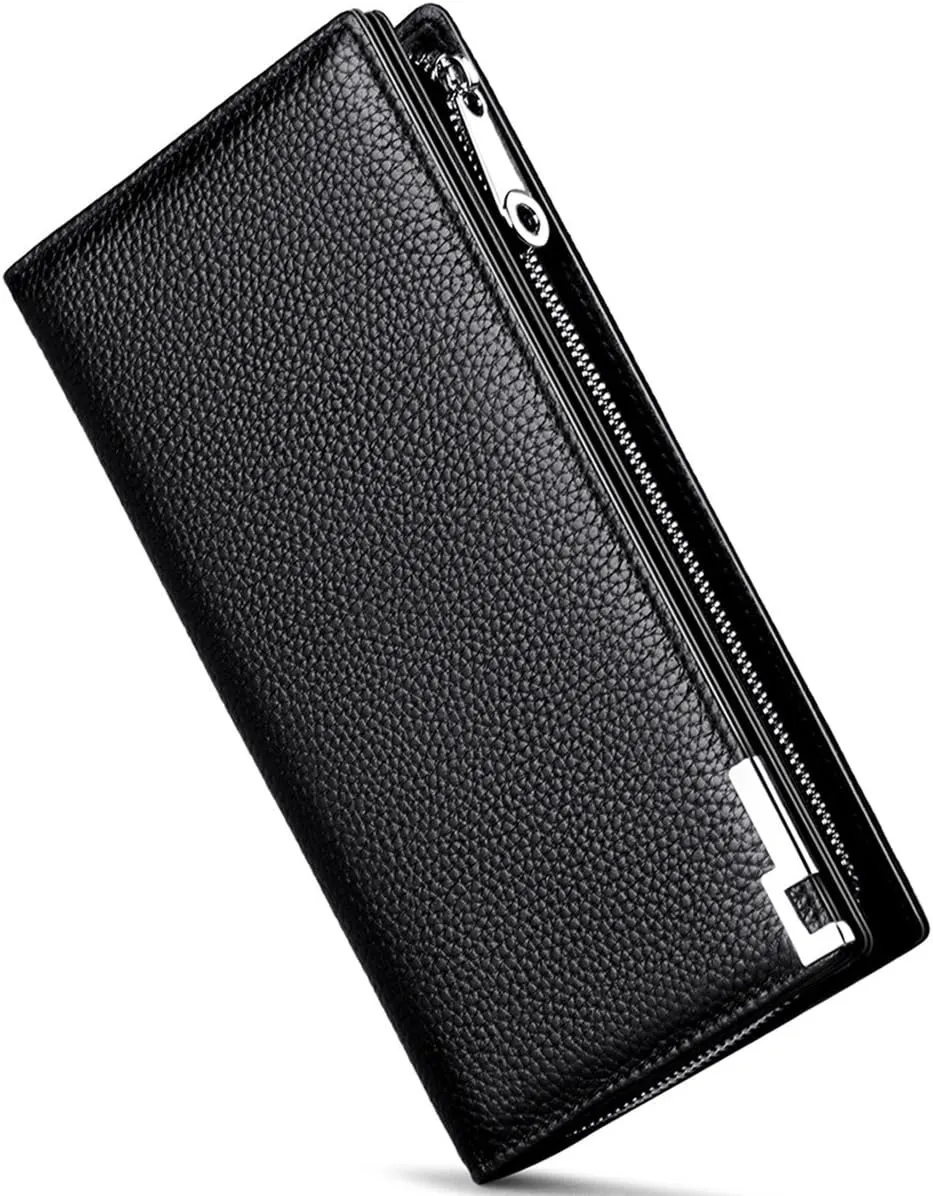 Huztencor Long Wallets for Men Leather RFID Blocking Bifold Wallet with Zipper