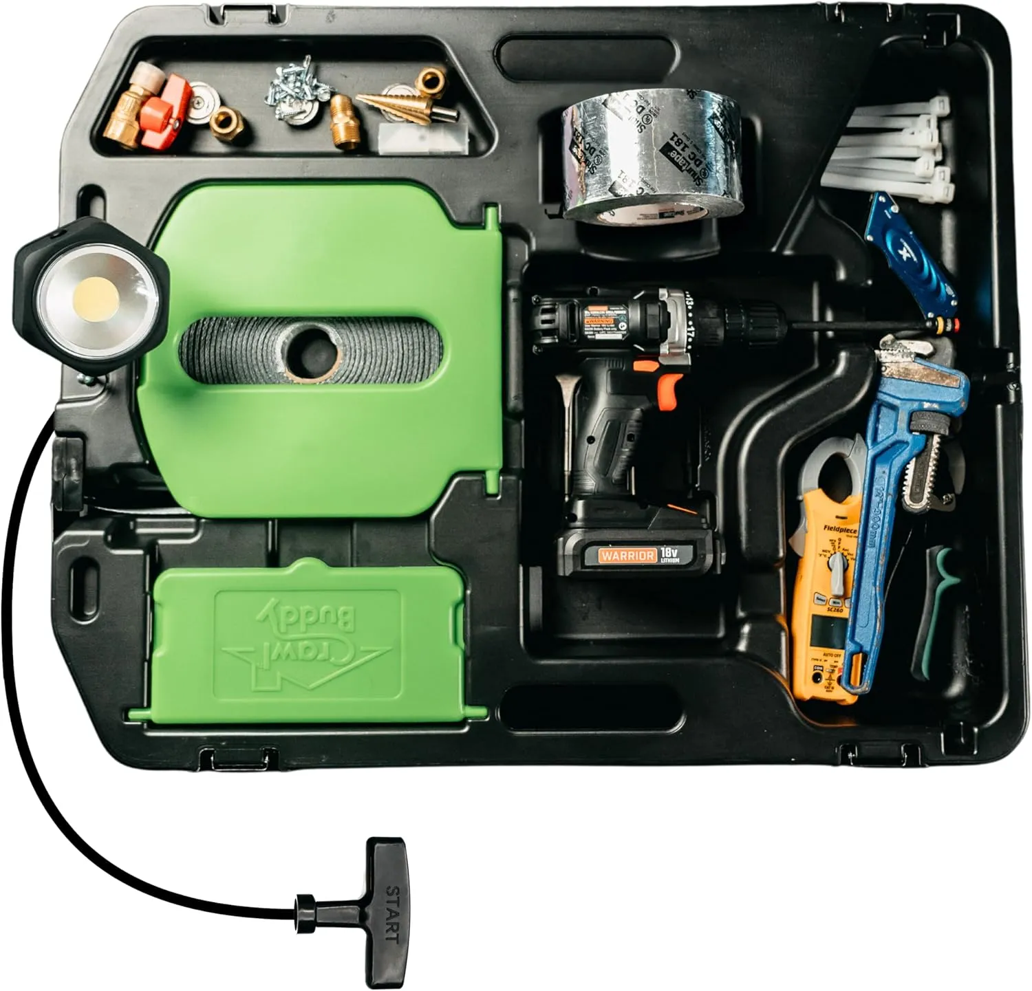 HVAC Tool System - Heavy Duty, Contractor Grade, HVAC Tool Box - Patented & Made in USA - Pull-behind Sled W/Webbing Cutter, Swivel Light, Storage Organizer Kit, for Crawl Space Service