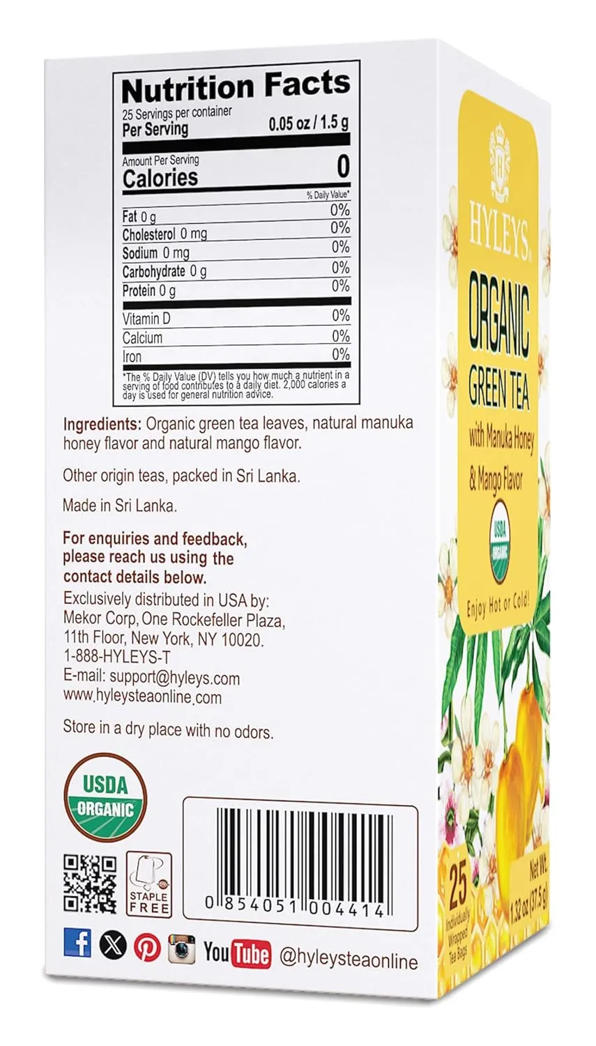 Hyleys Organic Green Tea Manuka Honey and Mango Flavor - 25 Tea Bags - (6 Pack - 150 Tea Bags Total)