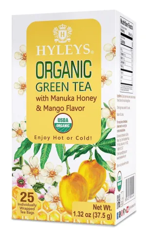 Hyleys Organic Green Tea Manuka Honey and Mango Flavor - 25 Tea Bags - (6 Pack - 150 Tea Bags Total)