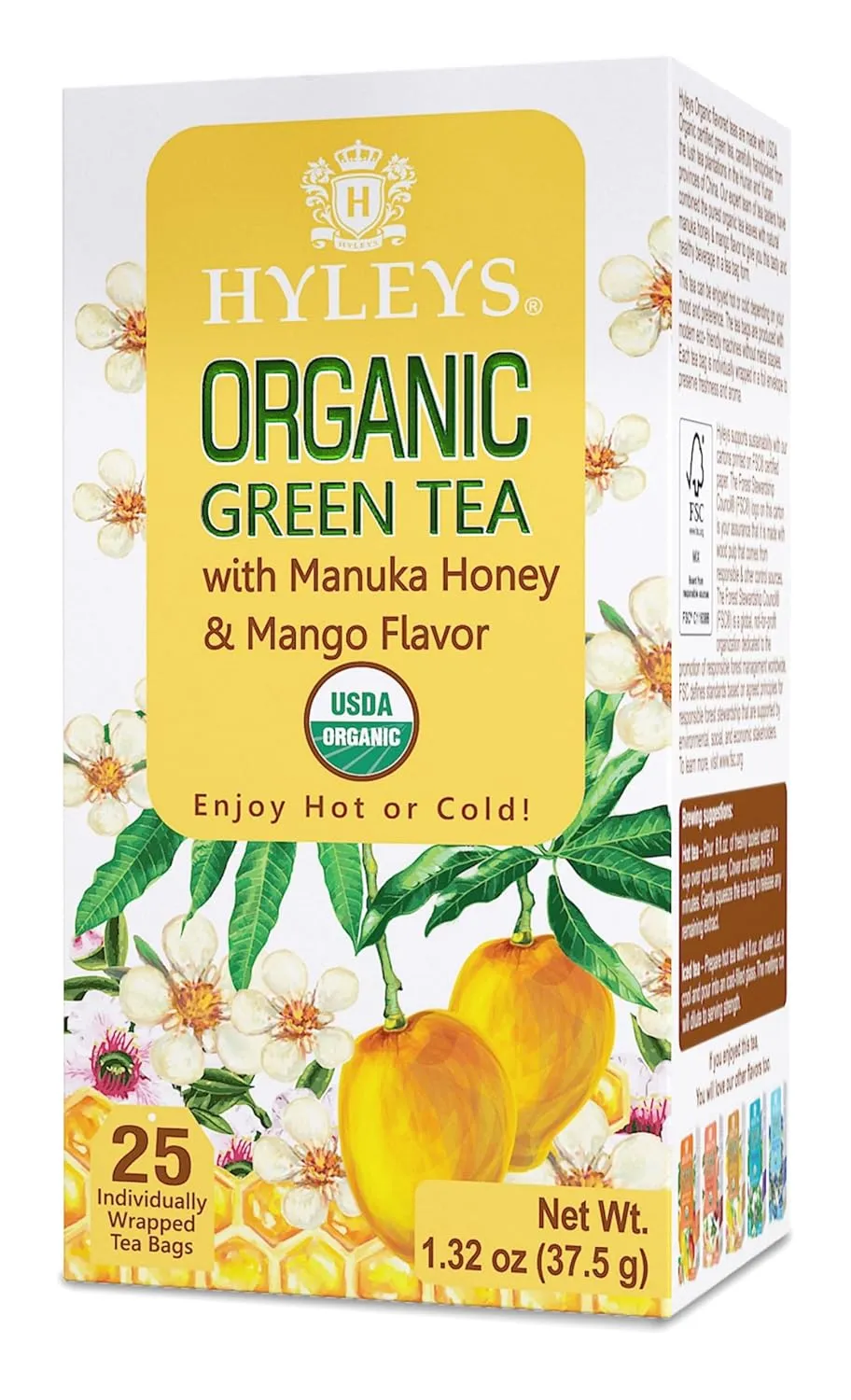 Hyleys Organic Green Tea Manuka Honey and Mango Flavor - 25 Tea Bags - (6 Pack - 150 Tea Bags Total)