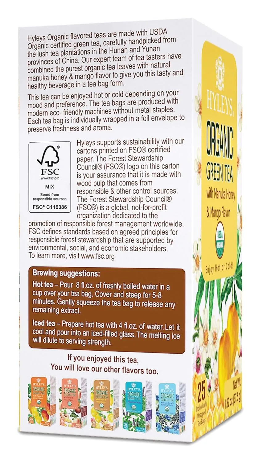 Hyleys Organic Green Tea Manuka Honey and Mango Flavor - 25 Tea Bags - (6 Pack - 150 Tea Bags Total)