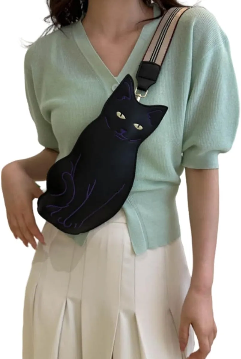 IAMUHI Novely Cat Shaped Sling Handbags Faux Leather Cross Chest Shoulder Bag Purse for Women