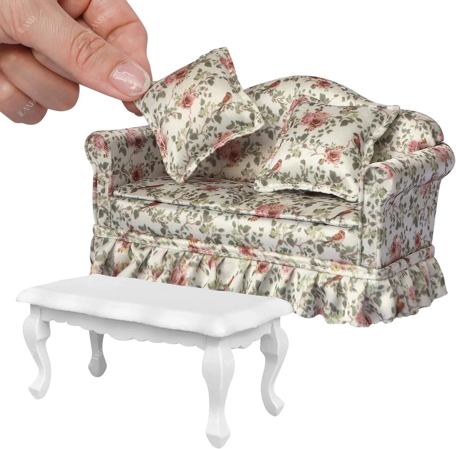 iLAND Dollhouse Furniture of Miniature Couch with Coffee Table the Beautiful Doll House Furniture Set fit 1/12 scale accessories, Elegant Rose and Birds Customized Fabric and Amazing Pleated Handiwork