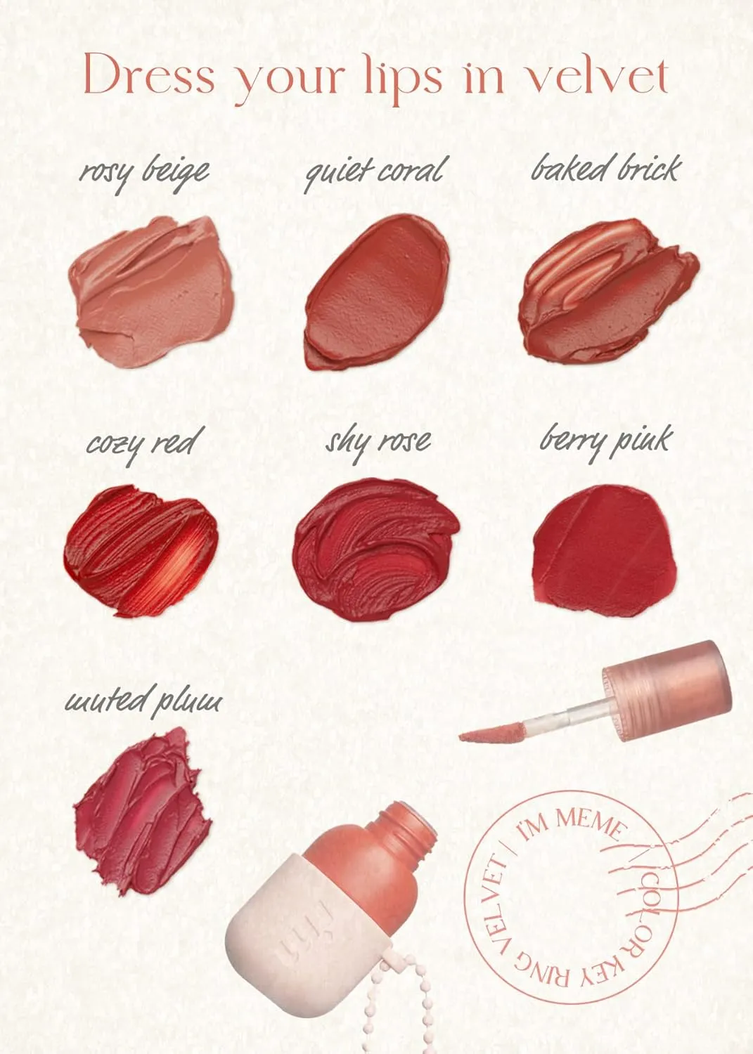 I'M MEME Lip Stain - Color Key Ring Velvet Tint - Gift, Highly-pigmented, Long Lasting, Travel-Friendly, Velvet Finish, 07 Muted Plum, 2.8 g