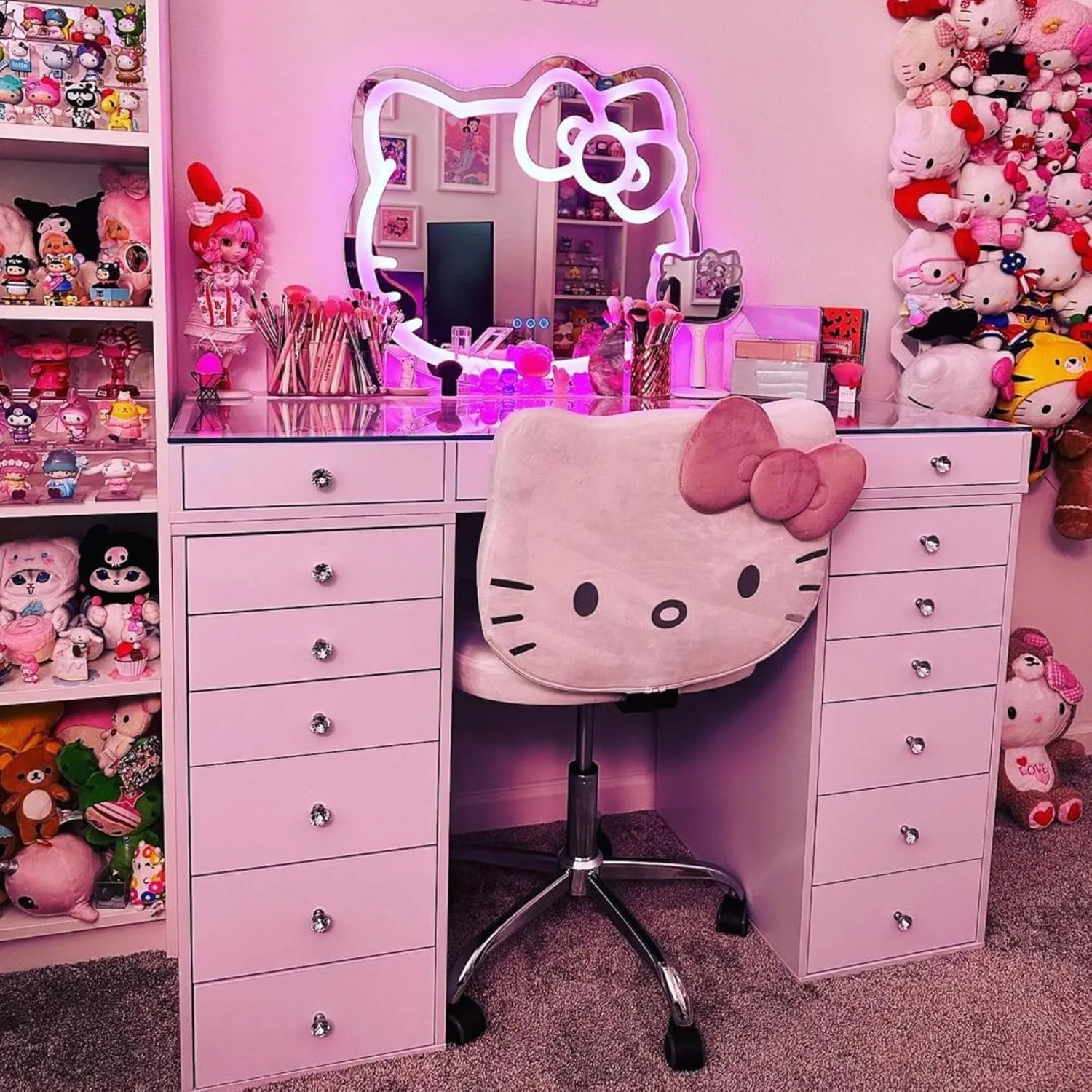 Impressions Vanity Hello Kitty Kawaii Swivel Vanity Chair for Makeup Room, Adjustable Height Desk Chair with Wheels Rolling, Comfy Foam Back (White)