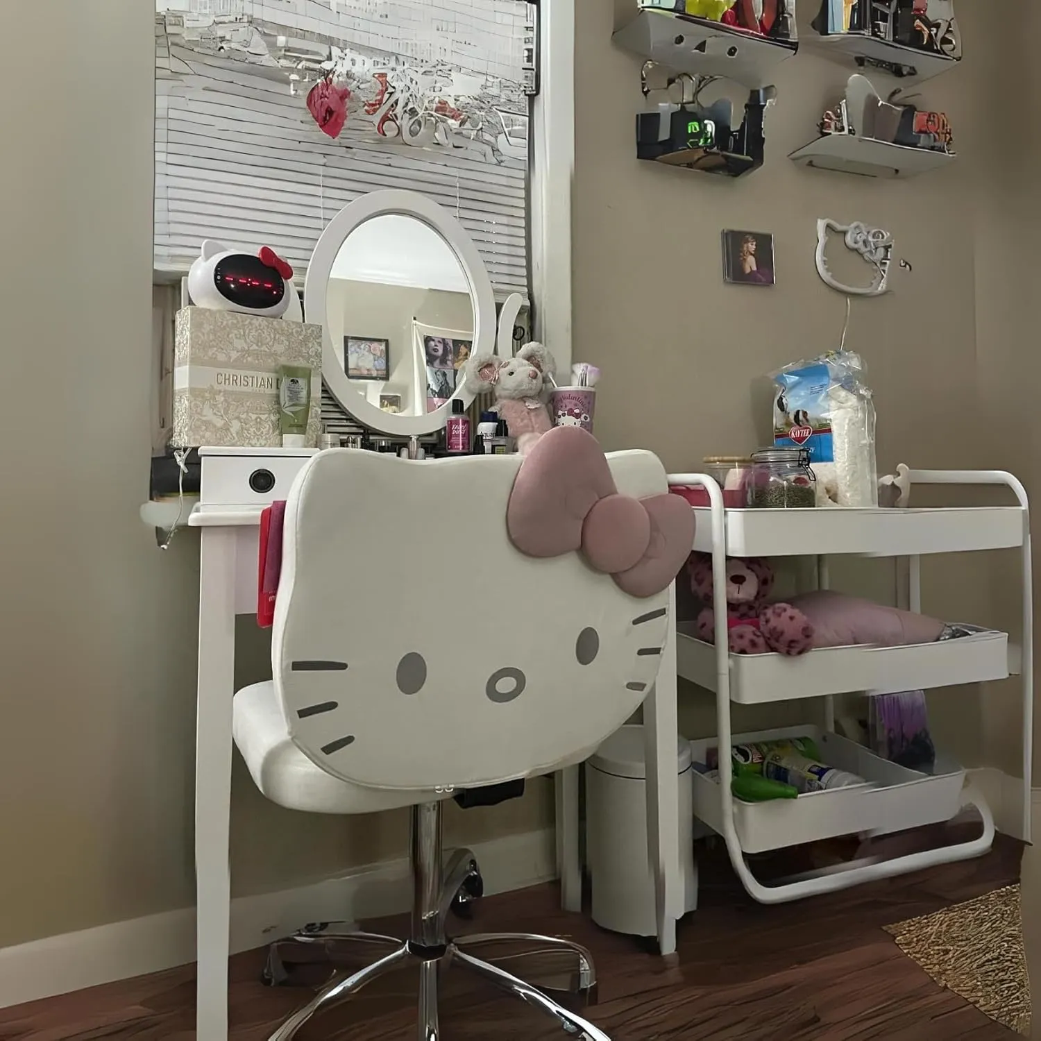 Impressions Vanity Hello Kitty Kawaii Swivel Vanity Chair for Makeup Room, Adjustable Height Desk Chair with Wheels Rolling, Comfy Foam Back (White)