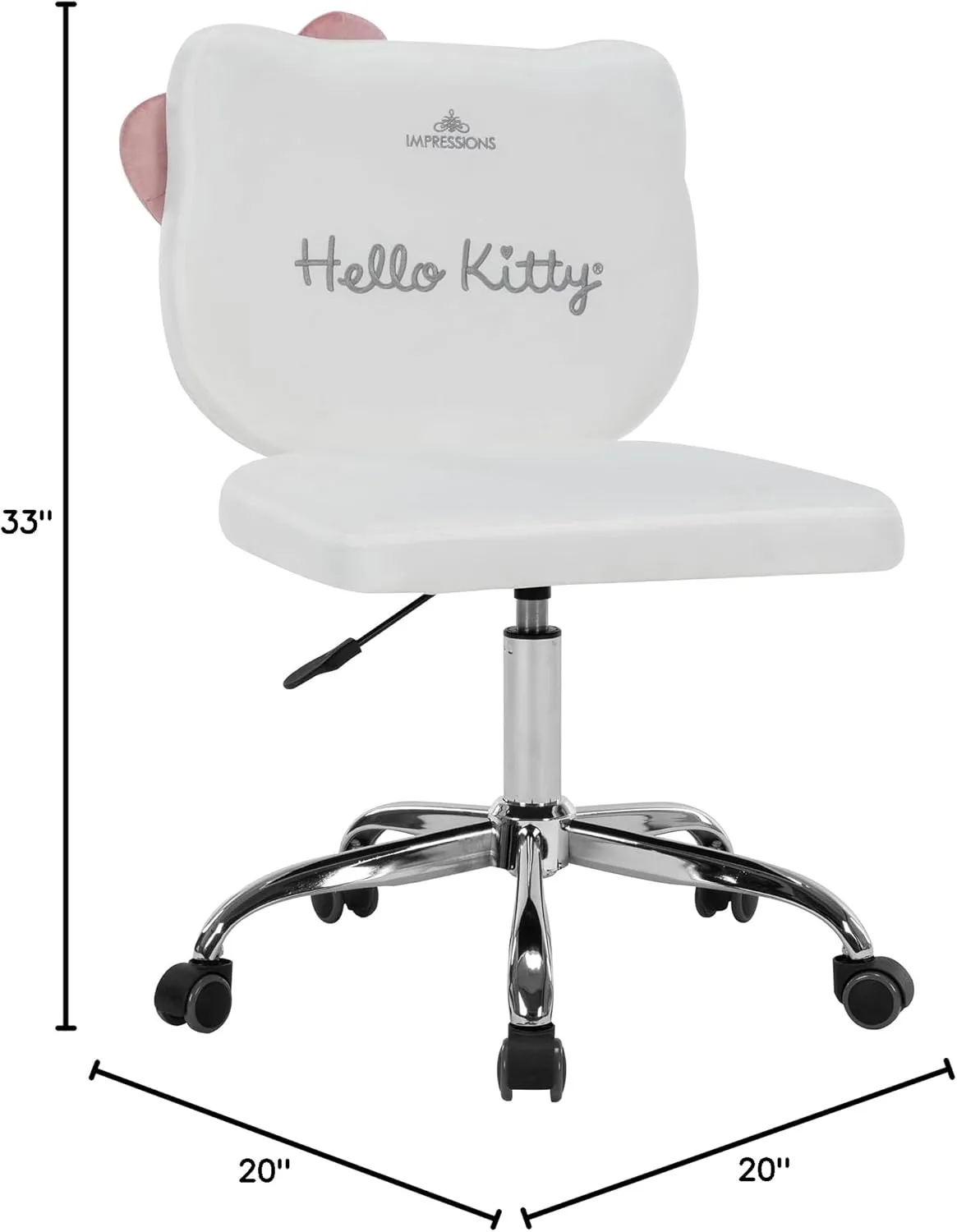 Impressions Vanity Hello Kitty Kawaii Swivel Vanity Chair for Makeup Room, Adjustable Height Desk Chair with Wheels Rolling, Comfy Foam Back (White)