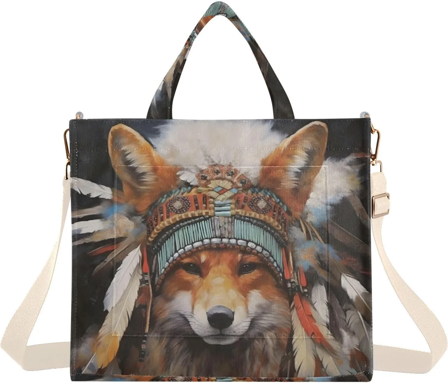 Indian Chief Fox Women Tote Bag Corduroy Handbag Purse Shoulder Bag with Detachable Strap Small Size