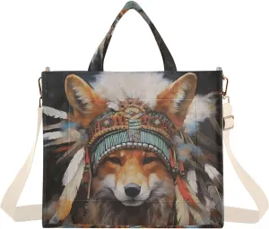 Indian Chief Fox Women Tote Bag Corduroy Handbag Purse Shoulder Bag with Detachable Strap Small Size