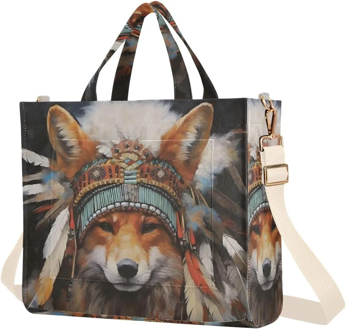 Indian Chief Fox Women Tote Bag Corduroy Handbag Purse Shoulder Bag with Detachable Strap Small Size
