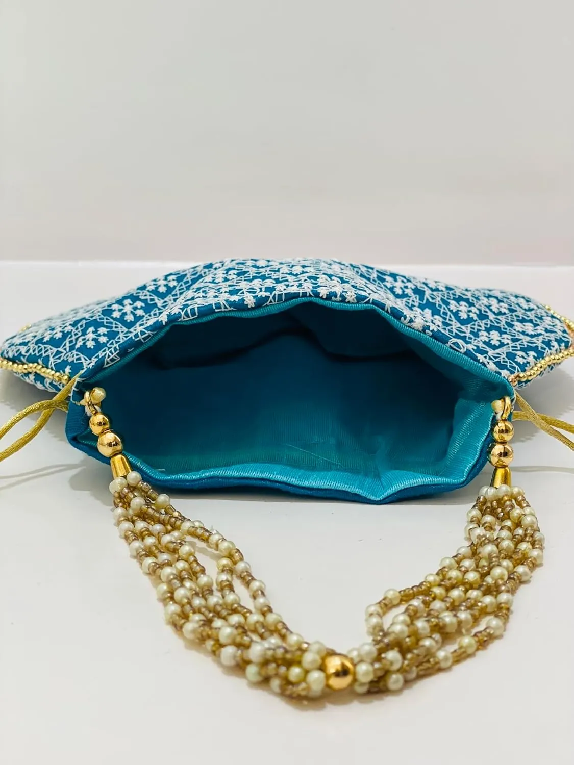 Indian Ethnic Cotton Potli bag Ladies Handbag Drawstring Purse With Embroidered For Bridal Batwa Pearls Handle Purse Clutch Purse for Women (Teal Blue)