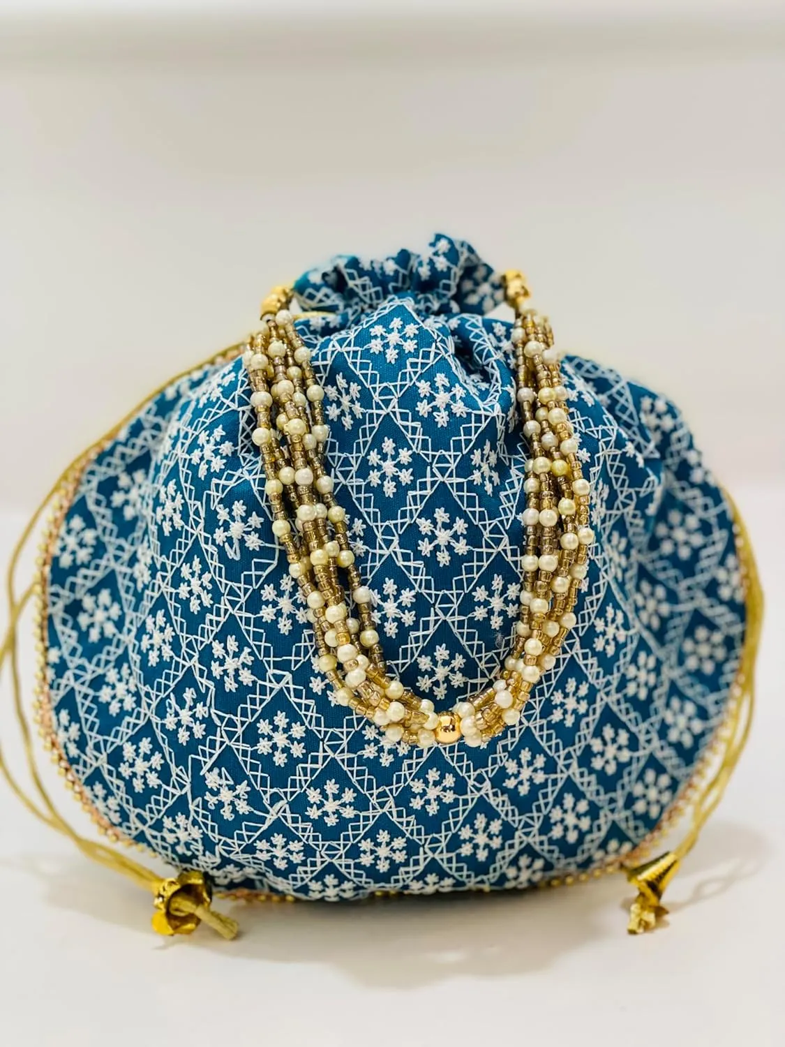 Indian Ethnic Cotton Potli bag Ladies Handbag Drawstring Purse With Embroidered For Bridal Batwa Pearls Handle Purse Clutch Purse for Women (Teal Blue)