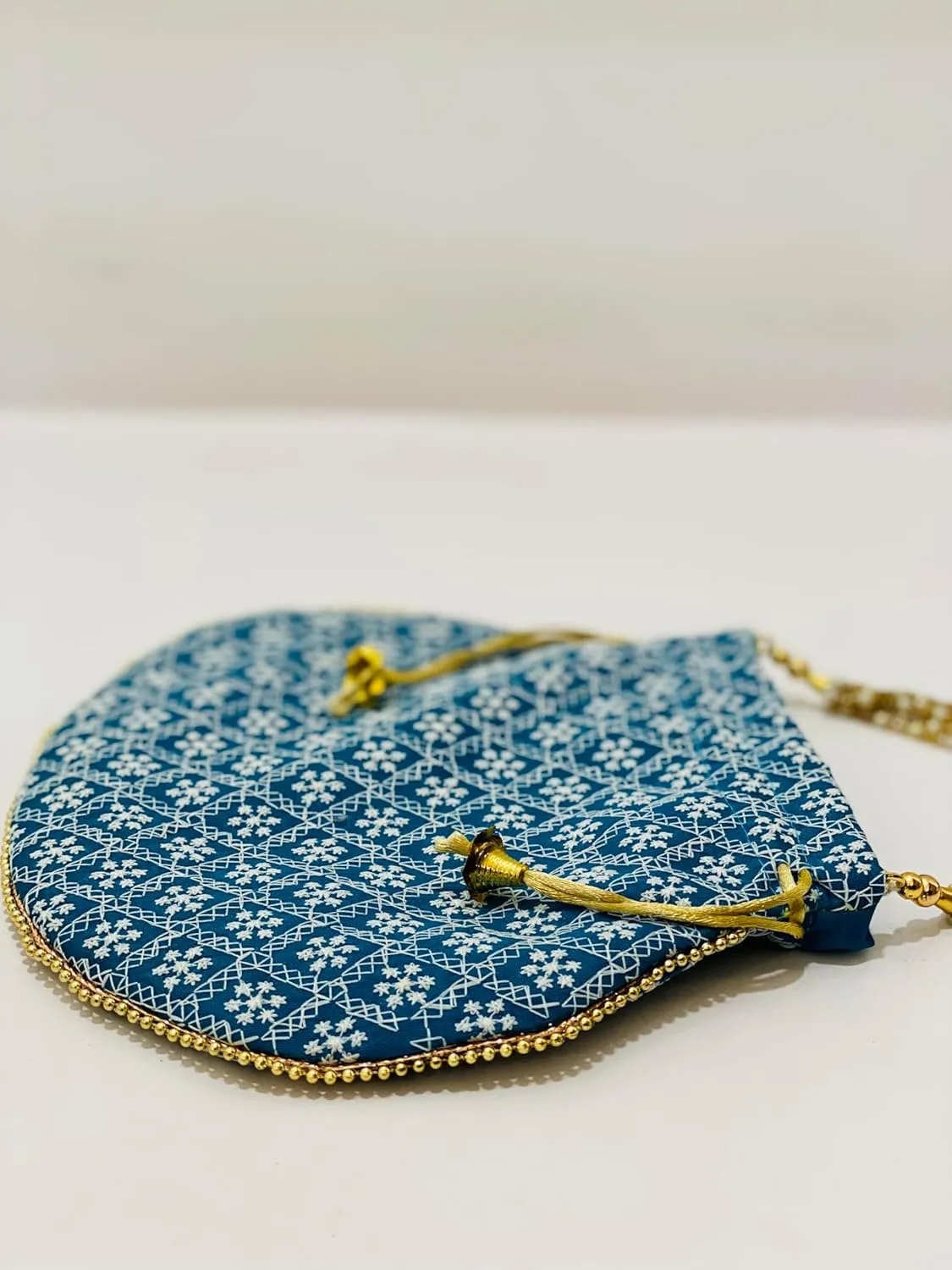 Indian Ethnic Cotton Potli bag Ladies Handbag Drawstring Purse With Embroidered For Bridal Batwa Pearls Handle Purse Clutch Purse for Women (Teal Blue)