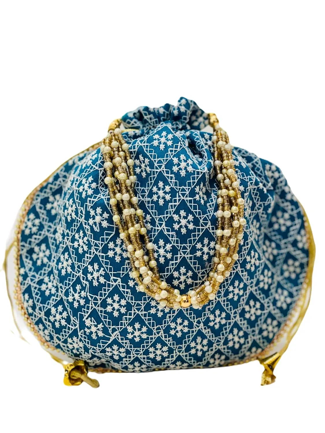 Indian Ethnic Cotton Potli bag Ladies Handbag Drawstring Purse With Embroidered For Bridal Batwa Pearls Handle Purse Clutch Purse for Women (Teal Blue)