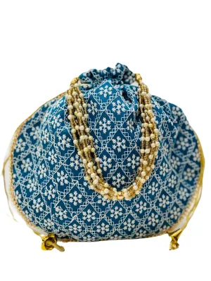 Indian Ethnic Cotton Potli bag Ladies Handbag Drawstring Purse With Embroidered For Bridal Batwa Pearls Handle Purse Clutch Purse for Women (Teal Blue)