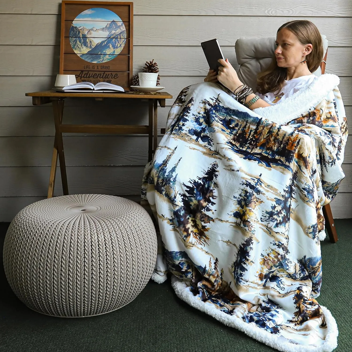 Indigo Hill by HiEnd Accents Acadia Sherpa 3 Piece Sherpa Throw Blanket Set, Forest Pine Trees Mountain Print Fleece Throw Set, Western Cabin Lodge Style, 1 Throw and 2 Pillows