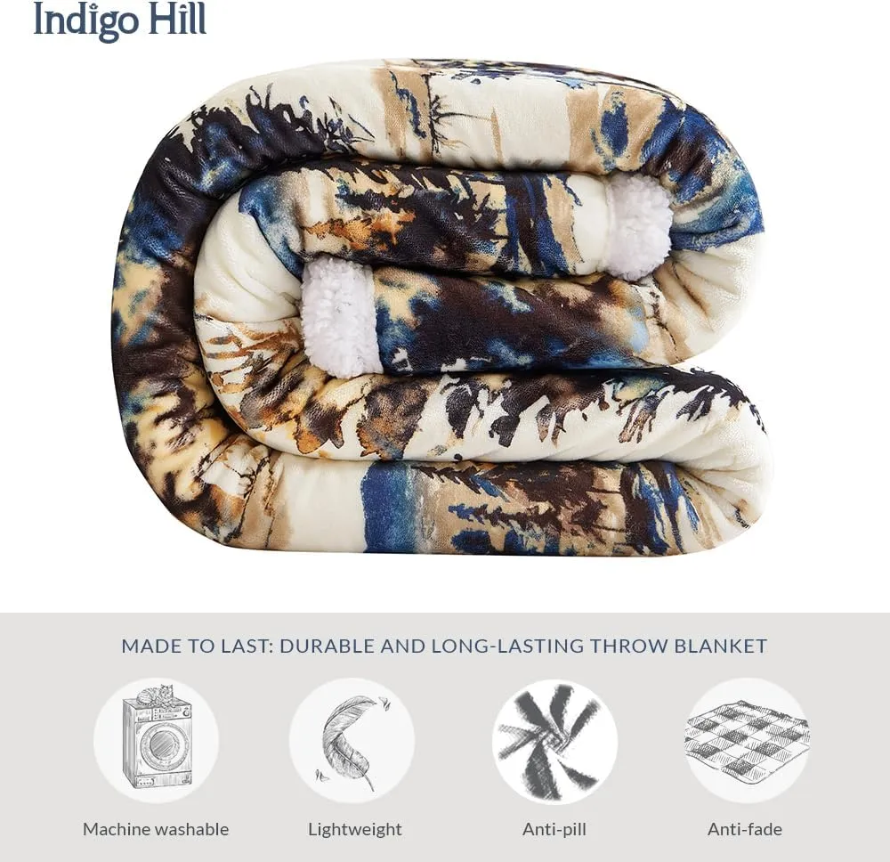 Indigo Hill by HiEnd Accents Acadia Sherpa 3 Piece Sherpa Throw Blanket Set, Forest Pine Trees Mountain Print Fleece Throw Set, Western Cabin Lodge Style, 1 Throw and 2 Pillows