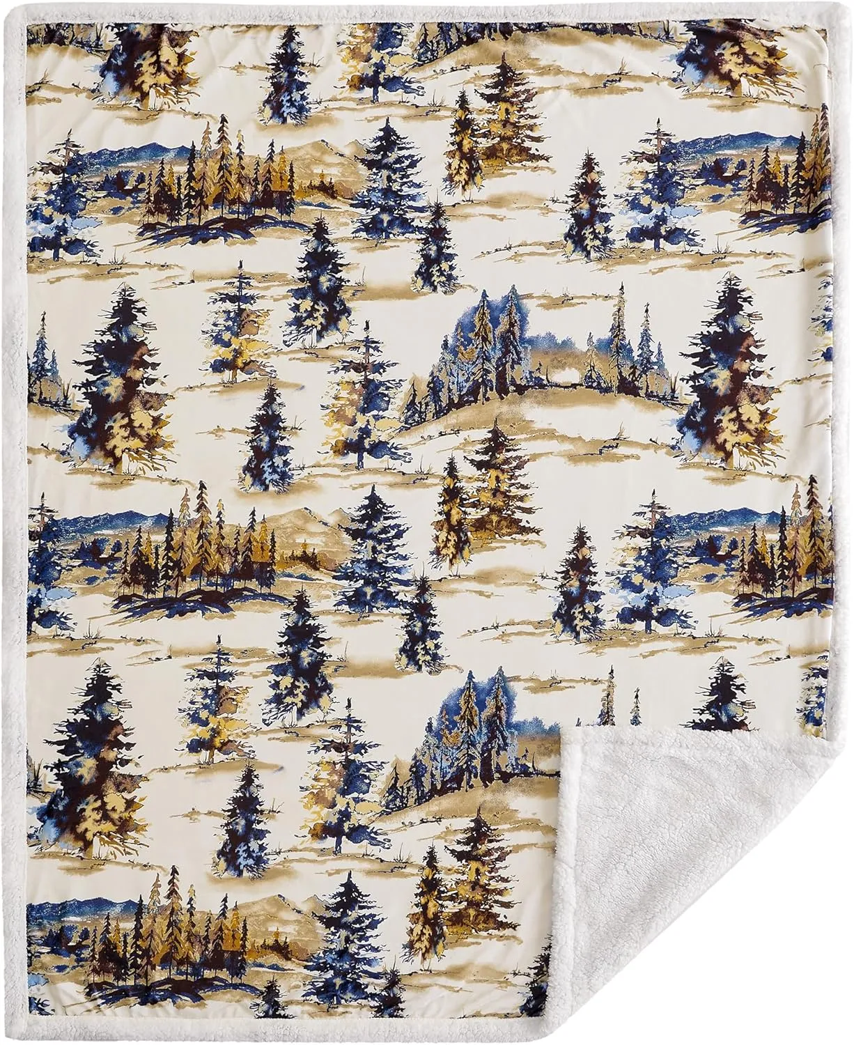 Indigo Hill by HiEnd Accents Acadia Sherpa 3 Piece Sherpa Throw Blanket Set, Forest Pine Trees Mountain Print Fleece Throw Set, Western Cabin Lodge Style, 1 Throw and 2 Pillows