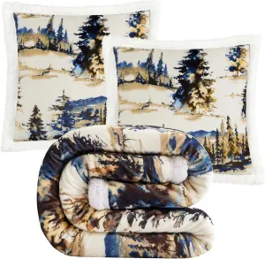 Indigo Hill by HiEnd Accents Acadia Sherpa 3 Piece Sherpa Throw Blanket Set, Forest Pine Trees Mountain Print Fleece Throw Set, Western Cabin Lodge Style, 1 Throw and 2 Pillows