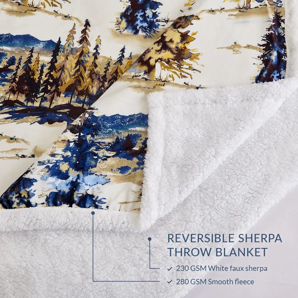 Indigo Hill by HiEnd Accents Acadia Sherpa 3 Piece Sherpa Throw Blanket Set, Forest Pine Trees Mountain Print Fleece Throw Set, Western Cabin Lodge Style, 1 Throw and 2 Pillows