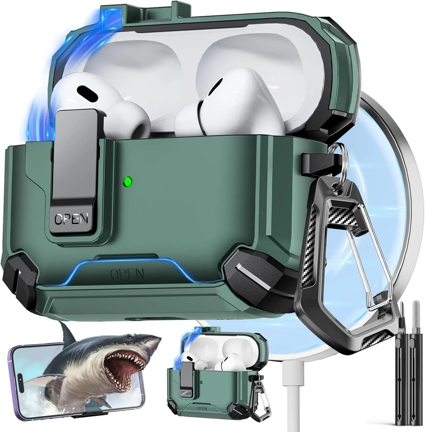 Inesore Compatible with AirPods Pro 2nd/1st Generation Case Cover with Phone Stand & Cleaning Kit,Compatible with Magsafe,Magnetic Automatic Lock for for iPod Pro Charging Case(USB-C/Lightning Cable)