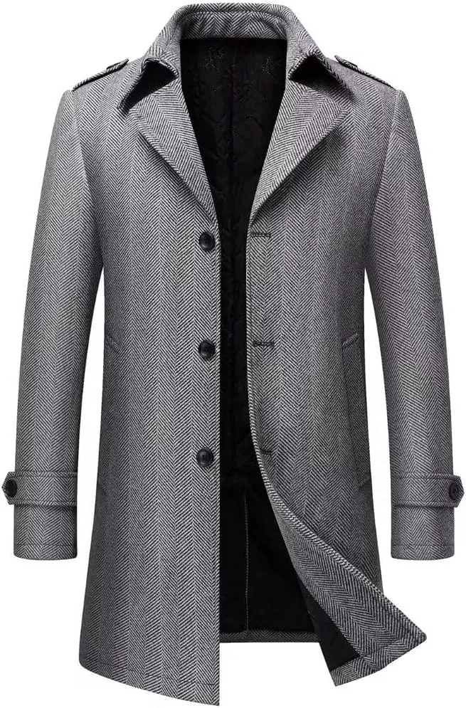 INVACHI Mens Wool Blend Coat Warm Winter Trench Coat Mid-Length Overcoat Classic Outwear with Notched Collar