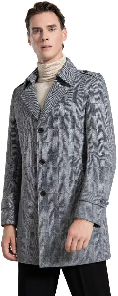 INVACHI Mens Wool Blend Coat Warm Winter Trench Coat Mid-Length Overcoat Classic Outwear with Notched Collar