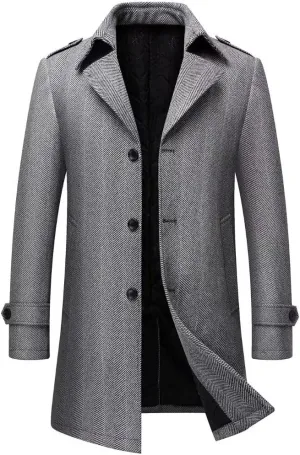 INVACHI Mens Wool Blend Coat Warm Winter Trench Coat Mid-Length Overcoat Classic Outwear with Notched Collar