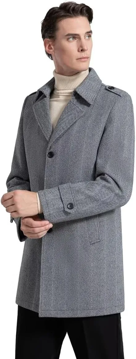 INVACHI Mens Wool Blend Coat Warm Winter Trench Coat Mid-Length Overcoat Classic Outwear with Notched Collar