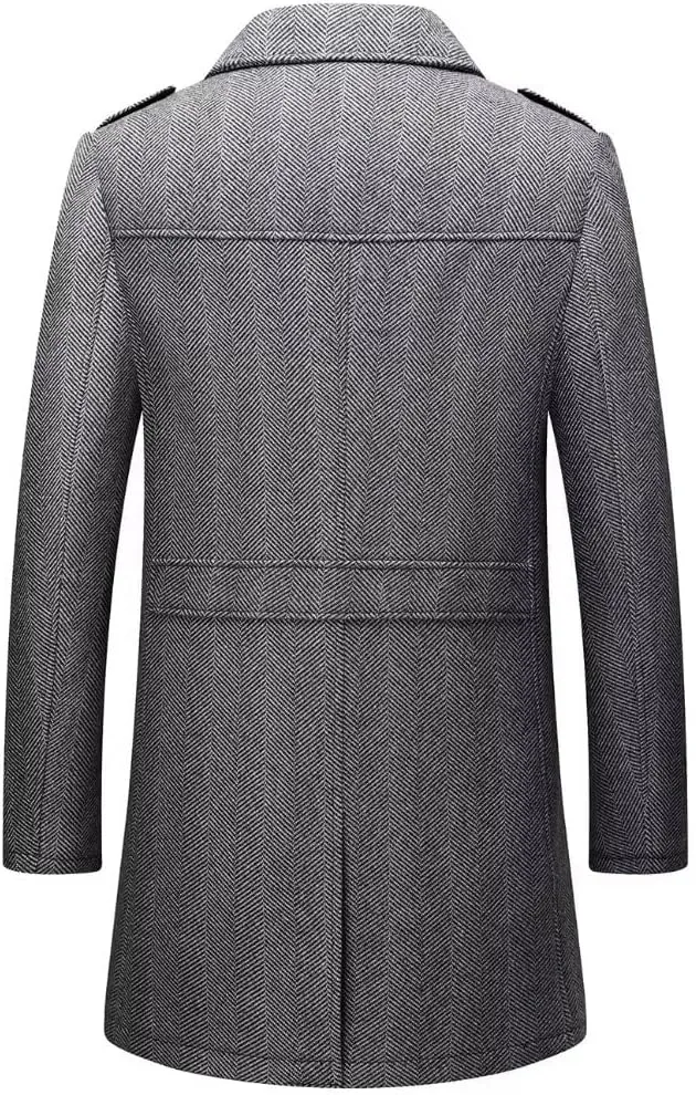 INVACHI Mens Wool Blend Coat Warm Winter Trench Coat Mid-Length Overcoat Classic Outwear with Notched Collar