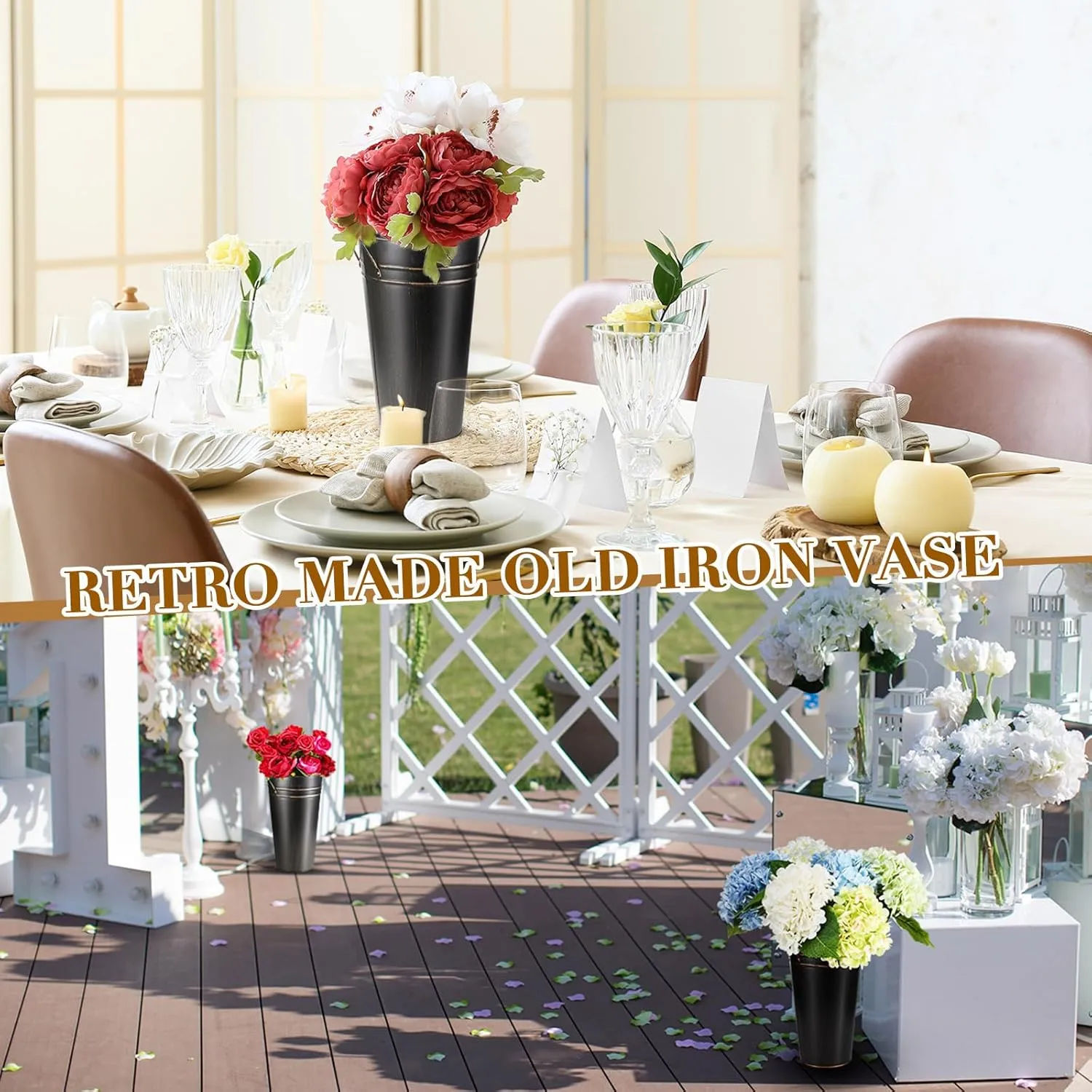 Irenare 12 Inch Vintage Galvanized Flower Bucket Metal Flower Vase Farmhouse French Bucket Planter Metal Floral Container for Party Table Centerpiece Weddings Home(Black,6 Pcs)